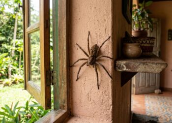 Aranha grande parada em parede branca, próxima ao rodapé de madeira, com sombra suave ao redor.