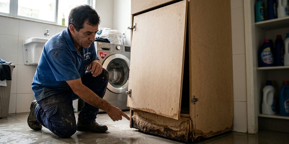 Marceneiro examinando a base estufada de um armário de MDF e a porta desalinhada no piso de uma lavanderia