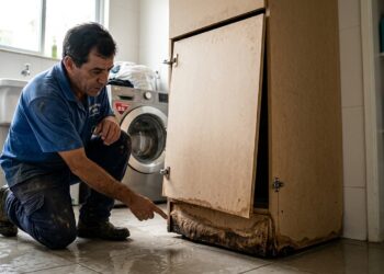 Marceneiro examinando a base estufada de um armário de MDF e a porta desalinhada no piso de uma lavanderia