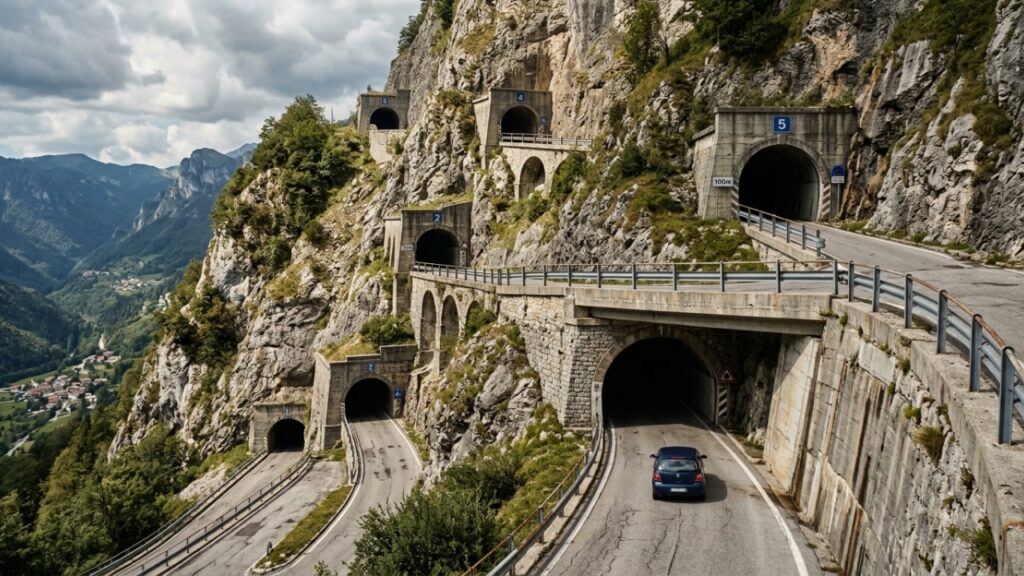Car_driving_on_mountain_road_202608211357-1024x576 A estrada do Passo San Boldo comprime 18 curvas em quase 6 quilômetros de subida e esconde as 5 últimas dentro de túneis escavados na rocha