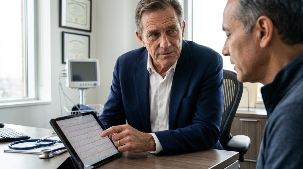 Médico cardiologista analisando resultados de exames cardíacos em tablet ao lado de paciente em consultório
