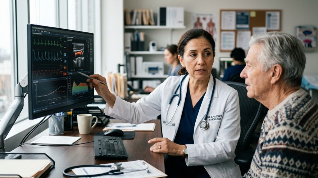 Médico cardiologista analisando dados de pressão arterial em conversa atenta com paciente em consultório