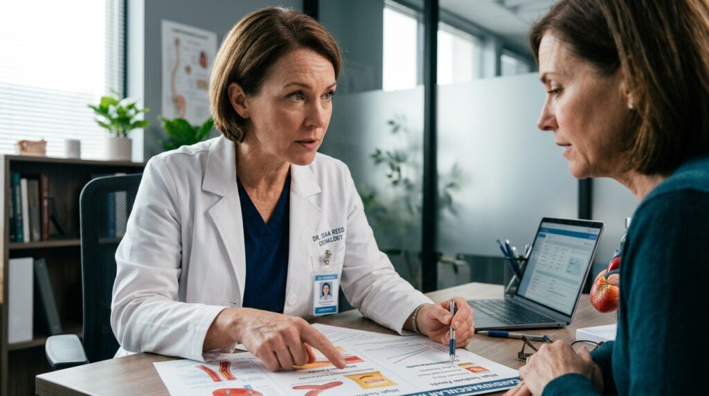 Médico cardiologista apontando dados de saúde em mesa de consultório durante orientação nutricional ao paciente