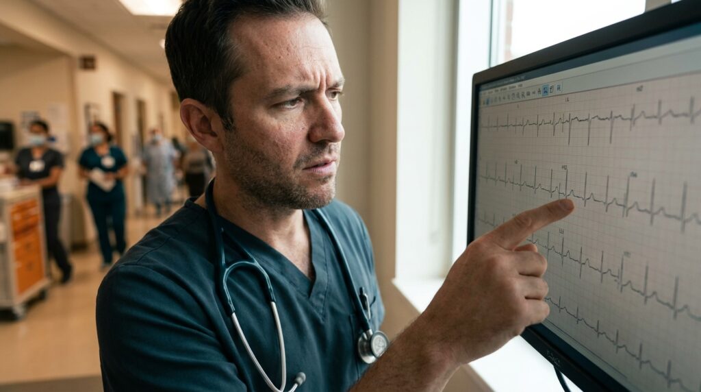 Cardiologista apontando para o traçado de eletrocardiograma em um monitor, com estetoscópio no pescoço, em consultório clínico.