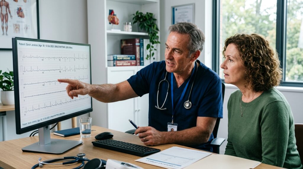 Cardiologista apontando para traçado de exame eletrocardiográfico na tela do computador durante consulta médica