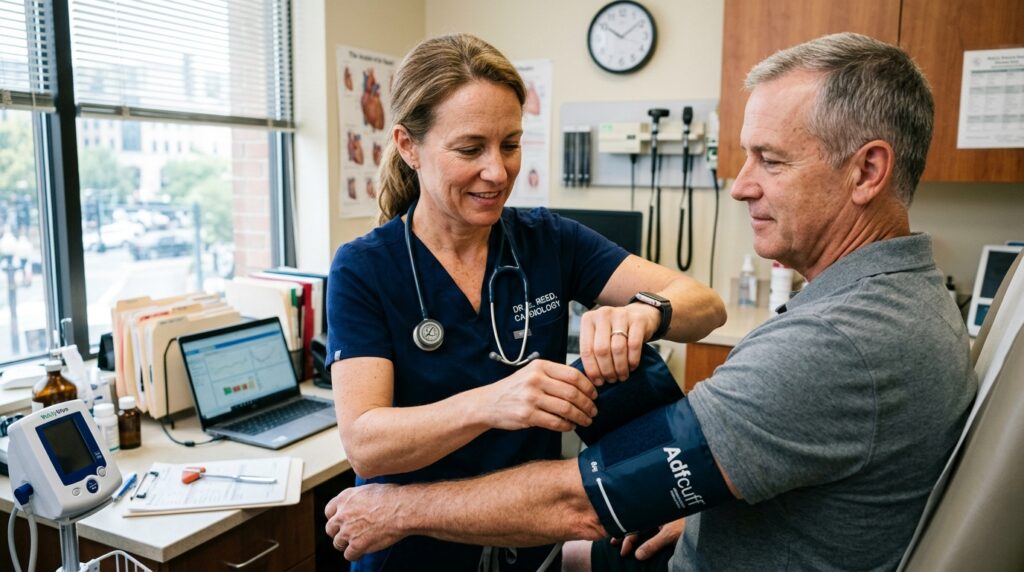 Cardiologista ajustando o manguito do esfigmomanômetro no braço do paciente durante consulta de rotina