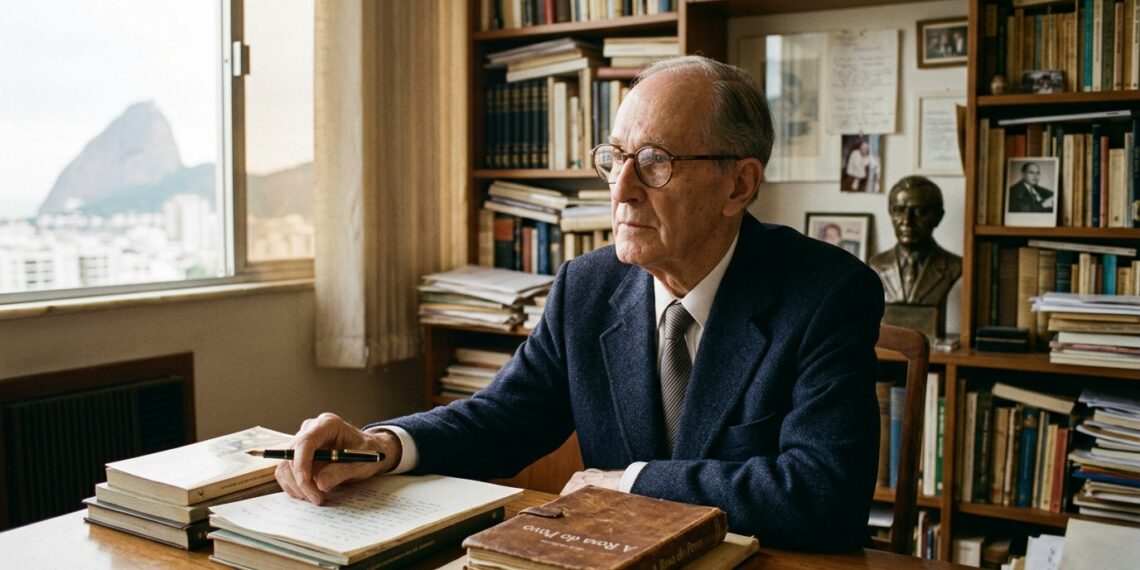 : Carlos Drummond de Andrade sentado diante de uma máquina de escrever com folhas de rascunho sobre a mesa de trabalho.