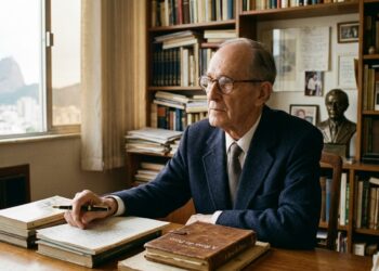: Carlos Drummond de Andrade sentado diante de uma máquina de escrever com folhas de rascunho sobre a mesa de trabalho.