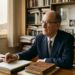 : Carlos Drummond de Andrade sentado diante de uma máquina de escrever com folhas de rascunho sobre a mesa de trabalho.