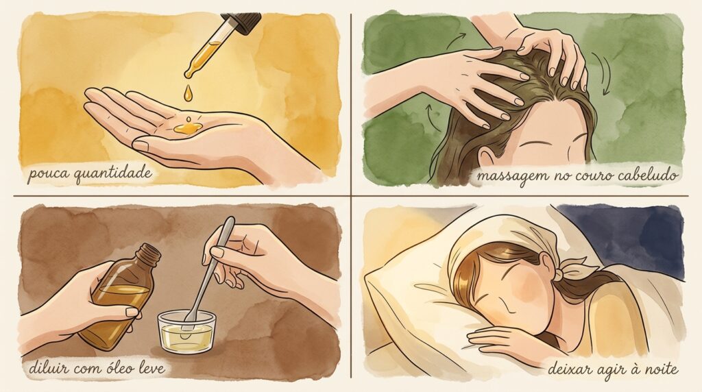 Grade com quatro ilustrações mostrando os passos de aplicação segura do óleo de rícino no cabelo