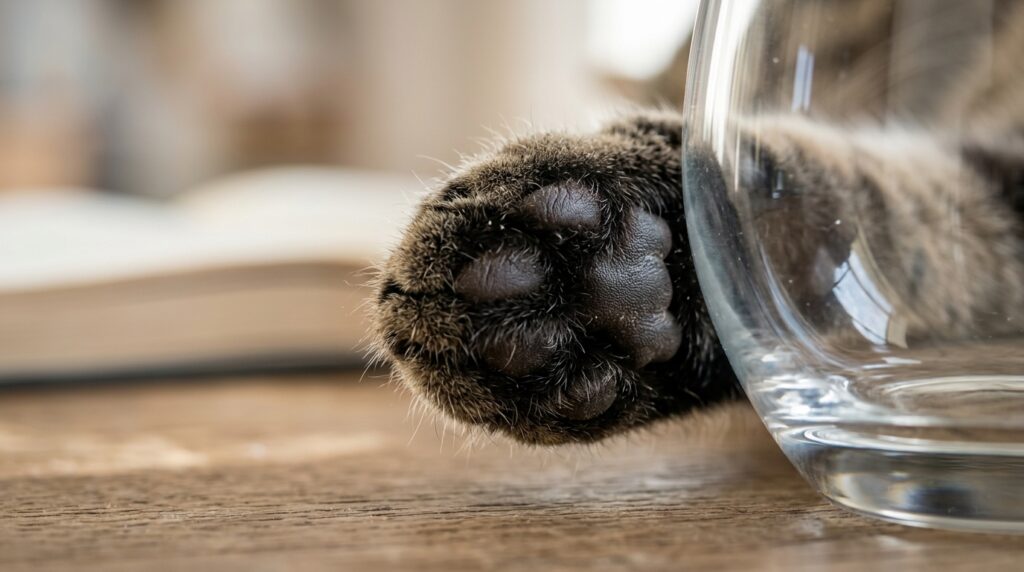 Detalhe aproximado em foto macro da almofada da pata de um gato tocando um objeto de vidro