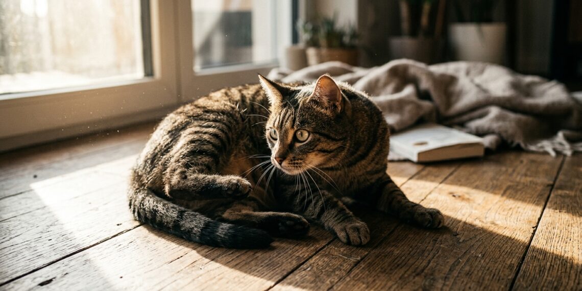 Gato rajado deitado em piso de madeira em postura de alerta imediato sob feixe de luz solar
