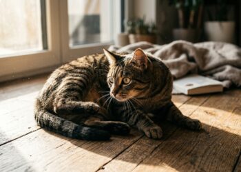 Gato rajado deitado em piso de madeira em postura de alerta imediato sob feixe de luz solar