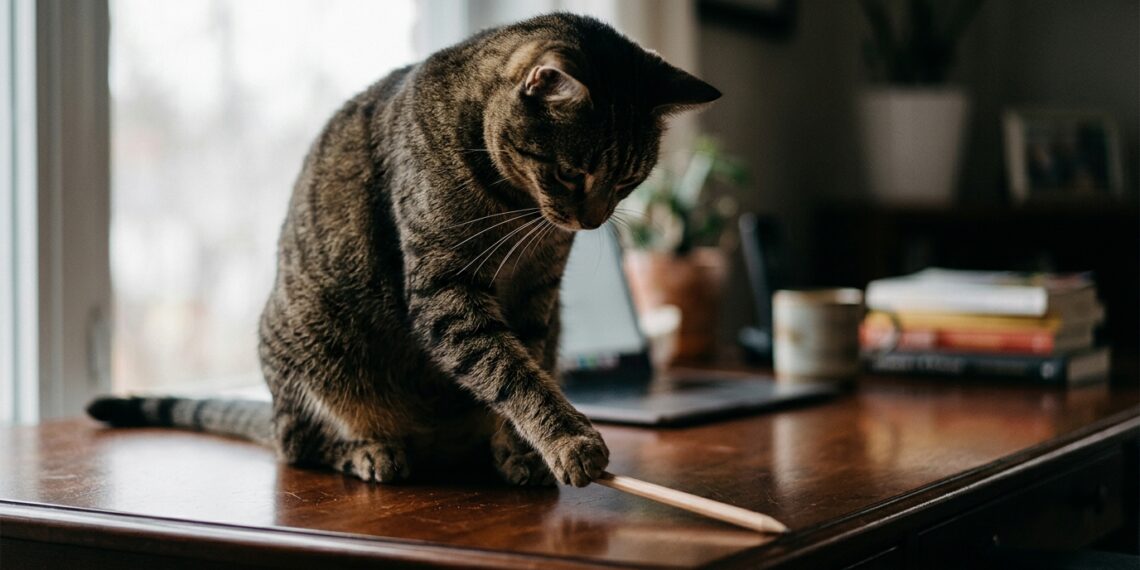 Gato doméstico sobre uma escrivaninha de madeira empurrando um lápis em direção à borda com a pata