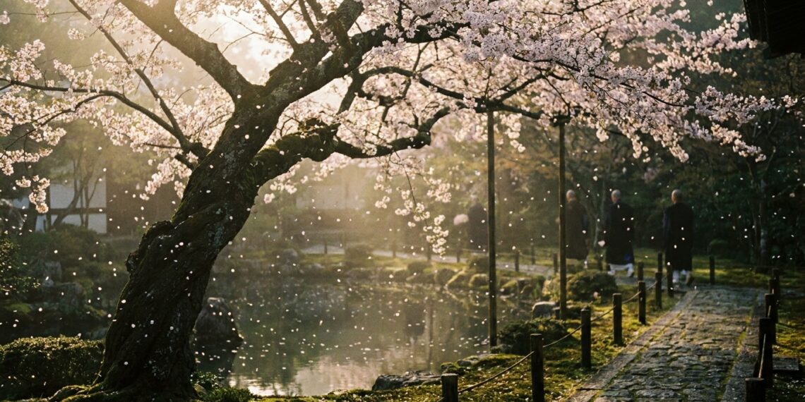 Flor de cerejeira em plena floração soltando pétalas sobre lago sereno e caminho de pedra em jardim tradicional japonês.