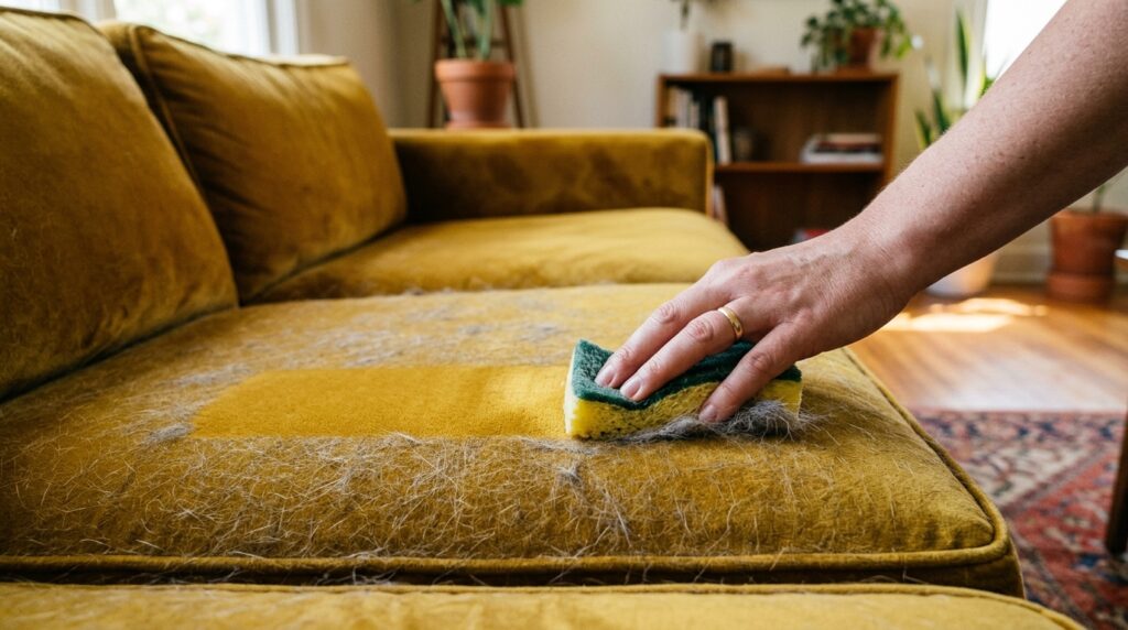 Esponja velha e molhada: o truque caseiro que remove pelos de pet de sofás e tapetes mais rápido que o aspirador