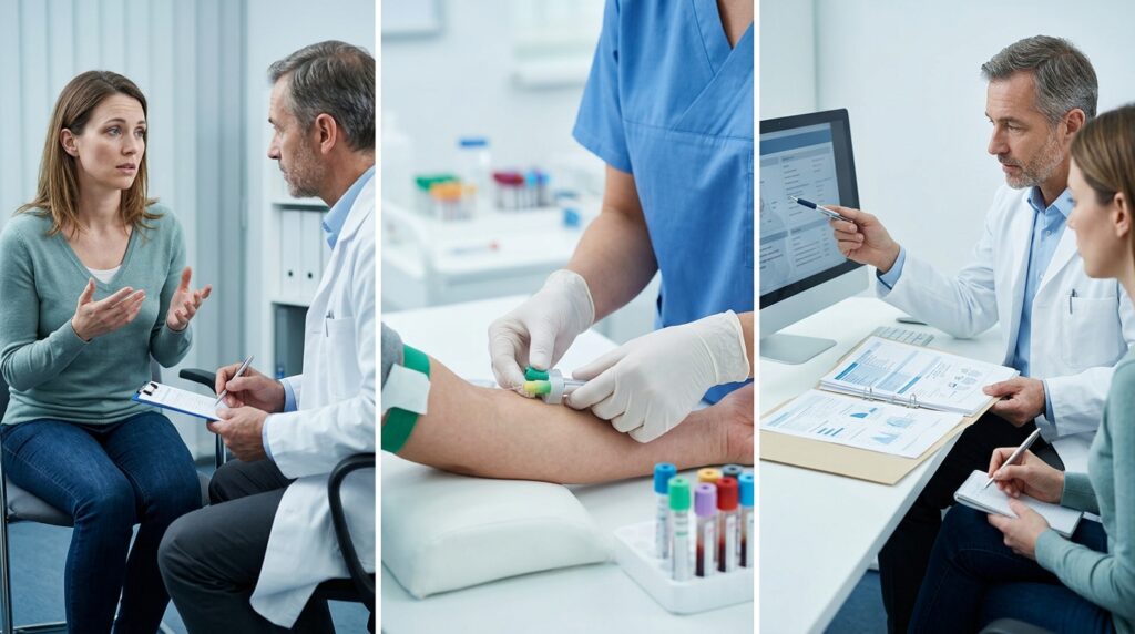Tríptico em três etapas exibindo consulta clínica inicial, coleta de sangue laboratorial e prescrição médica orientada