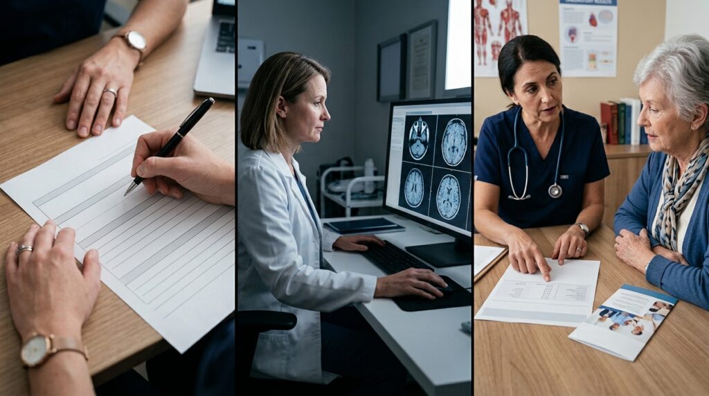 Tríptico em três etapas mostrando teste cognitivo em papel, análise de imagem médica e consulta de acompanhamento preventivo.