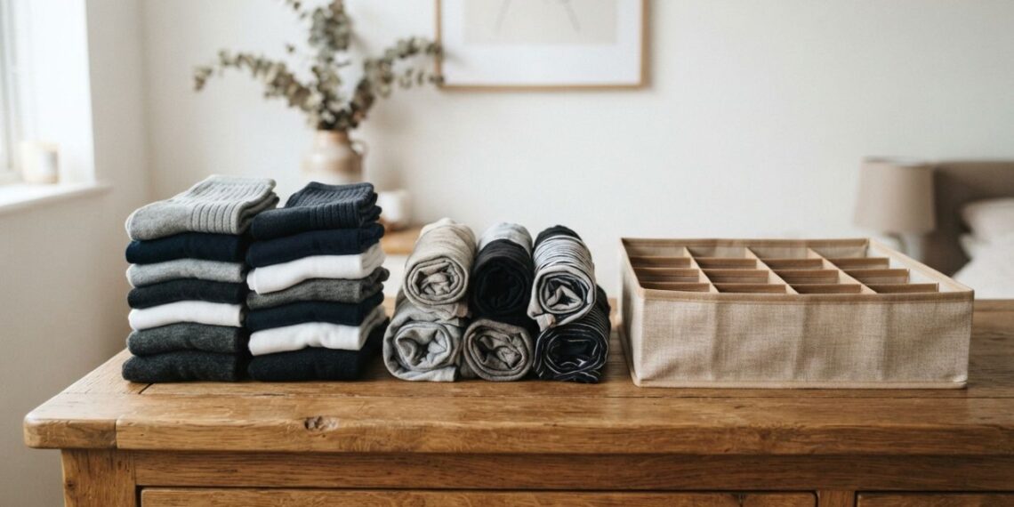 Organizar as gavetas de meias enroladas em pares ou guardadas na vertical em colmeias organizadoras: veja a diferença e qual é a alternativa correta para preservar o elástico, segundo organizers