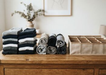 Organizar as gavetas de meias enroladas em pares ou guardadas na vertical em colmeias organizadoras: veja a diferença e qual é a alternativa correta para preservar o elástico, segundo organizers