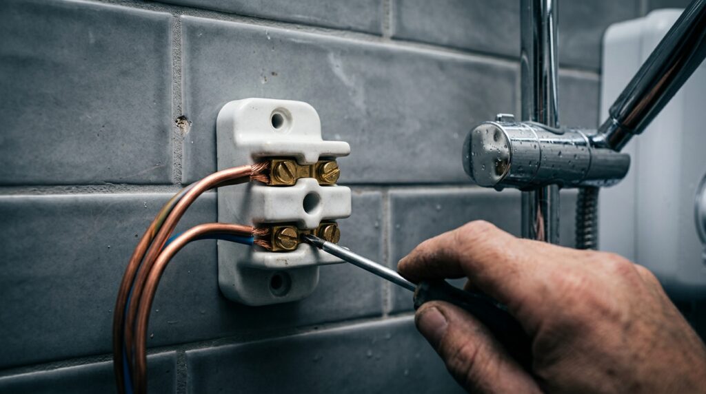 Conexão de fios elétricos de cobre com conector de porcelana branco na saída do chuveiro em parede de banheiro