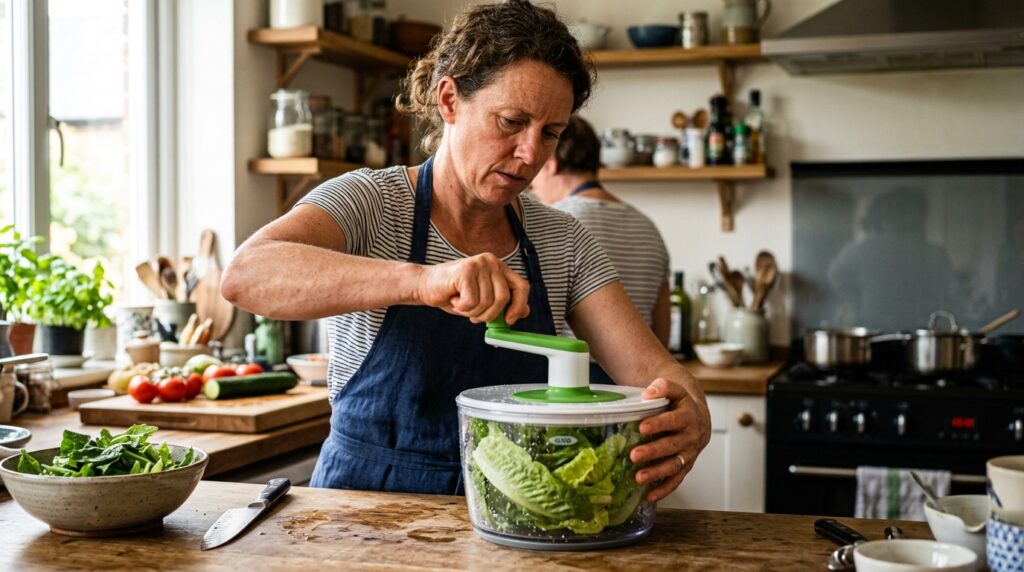 Pessoa utilizando centrífuga manual de salada para secar folhas de alface sobre bancada de cozinha