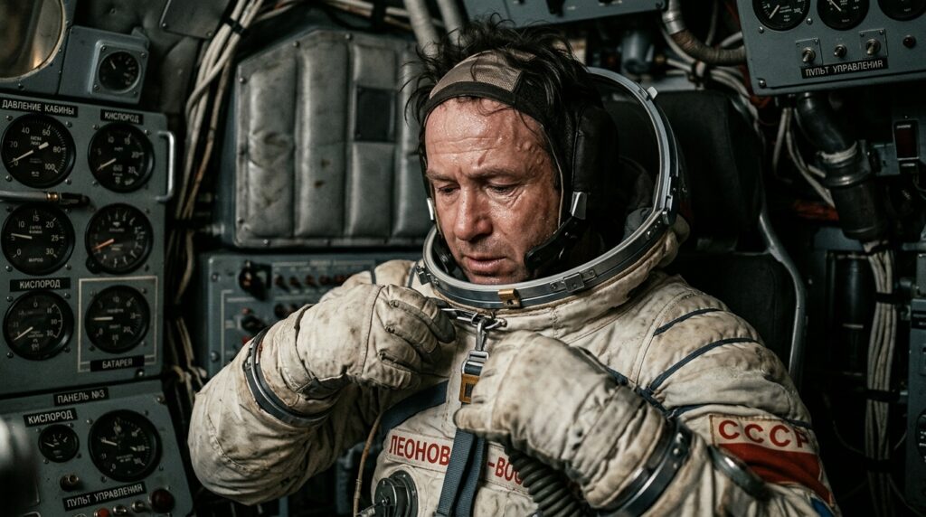 Cosmonauta no interior da cabine da espaçonave ajustando a gola do traje espacial com expressão de esforço físico e suor