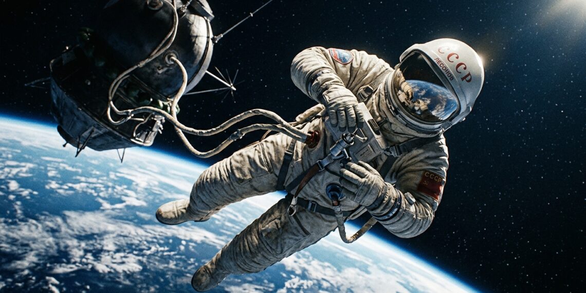 Cosmonauta soviético Alexei Leonov em traje espacial branco flutuando no espaço com a curvatura da Terra ao fundo durante a missão Voskhod 2