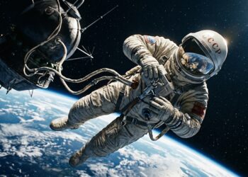 Cosmonauta soviético Alexei Leonov em traje espacial branco flutuando no espaço com a curvatura da Terra ao fundo durante a missão Voskhod 2