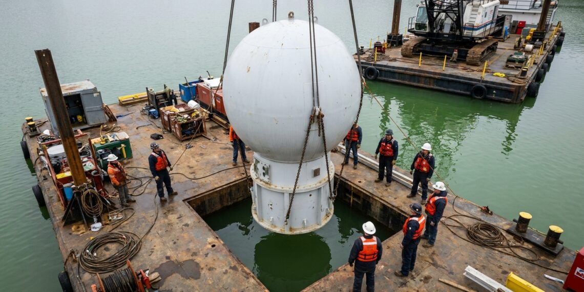 Guindaste içando a esfera oca branca Dongchu-1 sobre uma balsa antes de mergulhá-la na água do lago.