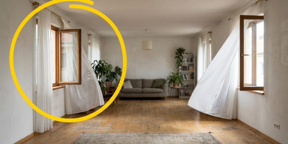 Janela residencial aberta com cortina leve balançando ao vento em ambiente iluminado por luz natural.