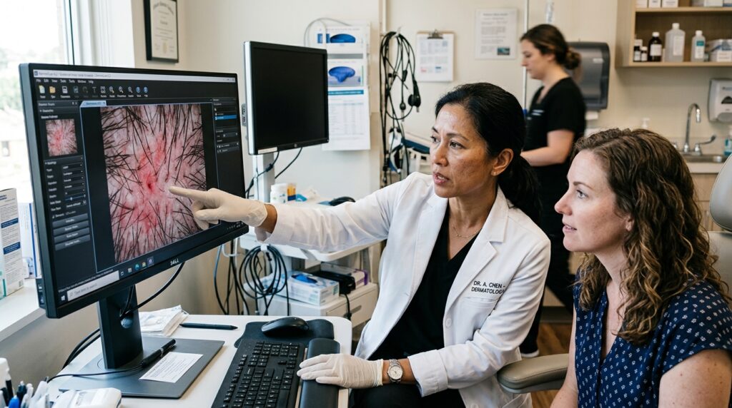 Dermatologista analisando resultados de exame tricoscópico em tela digital ao lado do paciente no consultório