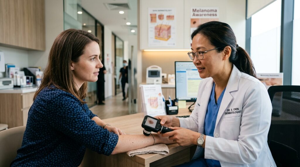 Dermatologista segurando dermatoscópio digital enquanto orienta paciente em consultório médico iluminado