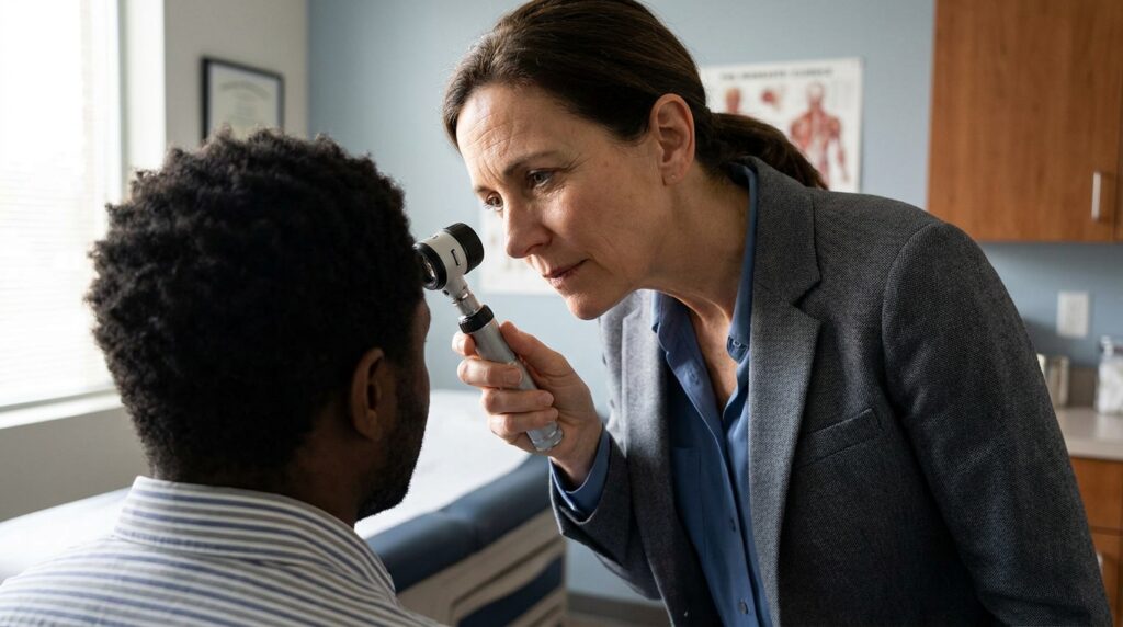 Médica dermatologista utilizando um dermatoscópio para examinar detalhadamente o couro cabeludo de um paciente em consultório.