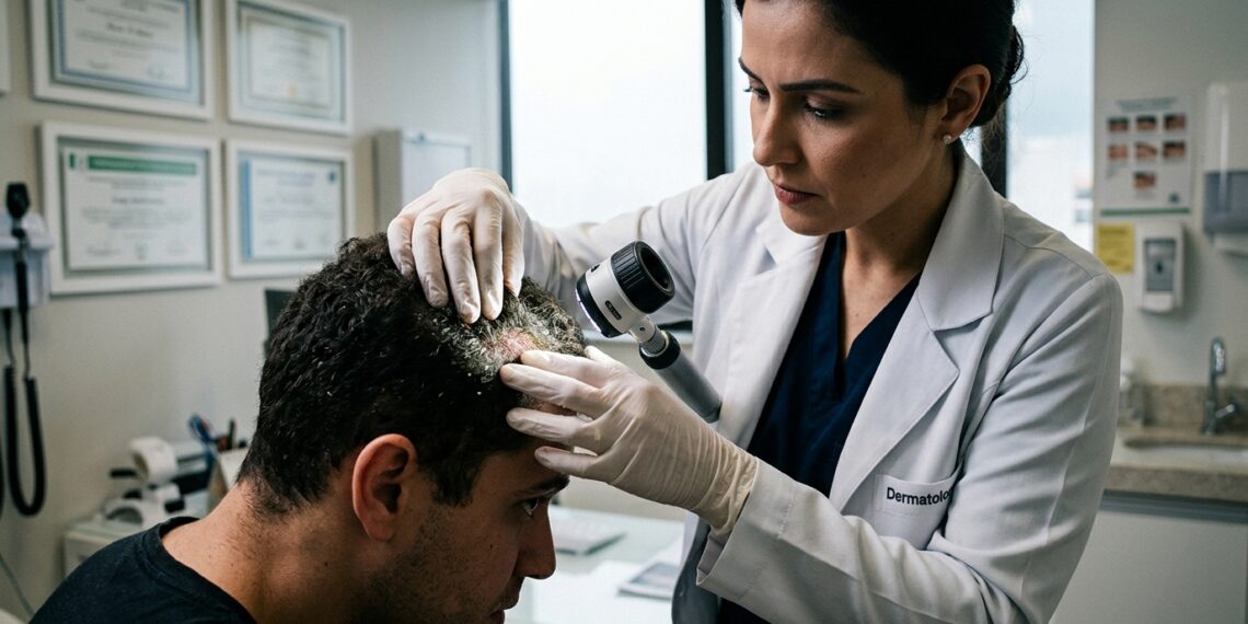 Médico dermatologista examinando a raiz do cabelo e o couro cabeludo de um paciente com dermatoscópio em consultório clínico