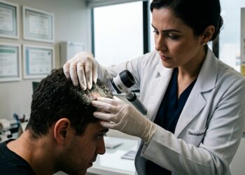 Médico dermatologista examinando a raiz do cabelo e o couro cabeludo de um paciente com dermatoscópio em consultório clínico