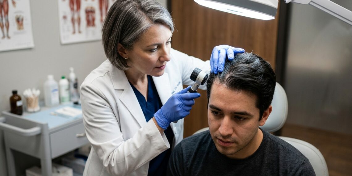 Médico dermatologista examinando minuciosamente o couro cabeludo de um paciente sob iluminação clínica direcionada