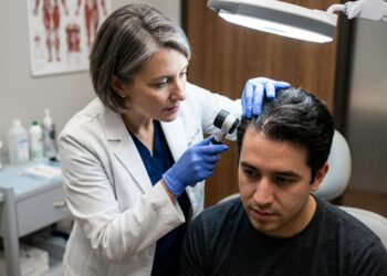 Médico dermatologista examinando minuciosamente o couro cabeludo de um paciente sob iluminação clínica direcionada