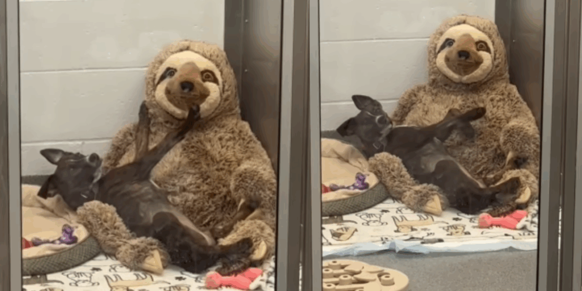 Sozinha na UTI, cachorrinha adota preguiça de pelúcia como abraço e vídeo viral muda sua vida para sempre