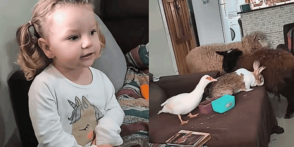 Menina de 3 anos reúne animais da fazenda na sala para brincar de escolinha e acomoda pato, galinha, coelho e ovelhas no sofá como seus alunos
