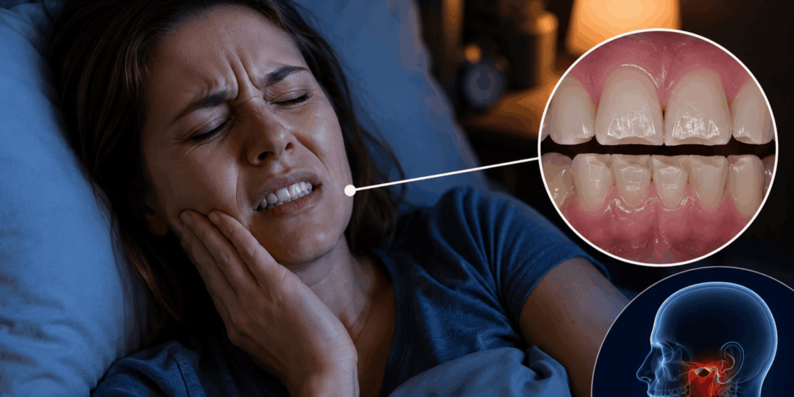 Mulher deitada na cama à noite pressionando o rosto com expressão de dor, com infográficos destacando o desgaste nos dentes e a articulação temporomandibular inflamada em vermelho.