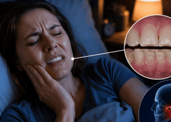 Mulher deitada na cama à noite pressionando o rosto com expressão de dor, com infográficos destacando o desgaste nos dentes e a articulação temporomandibular inflamada em vermelho.
