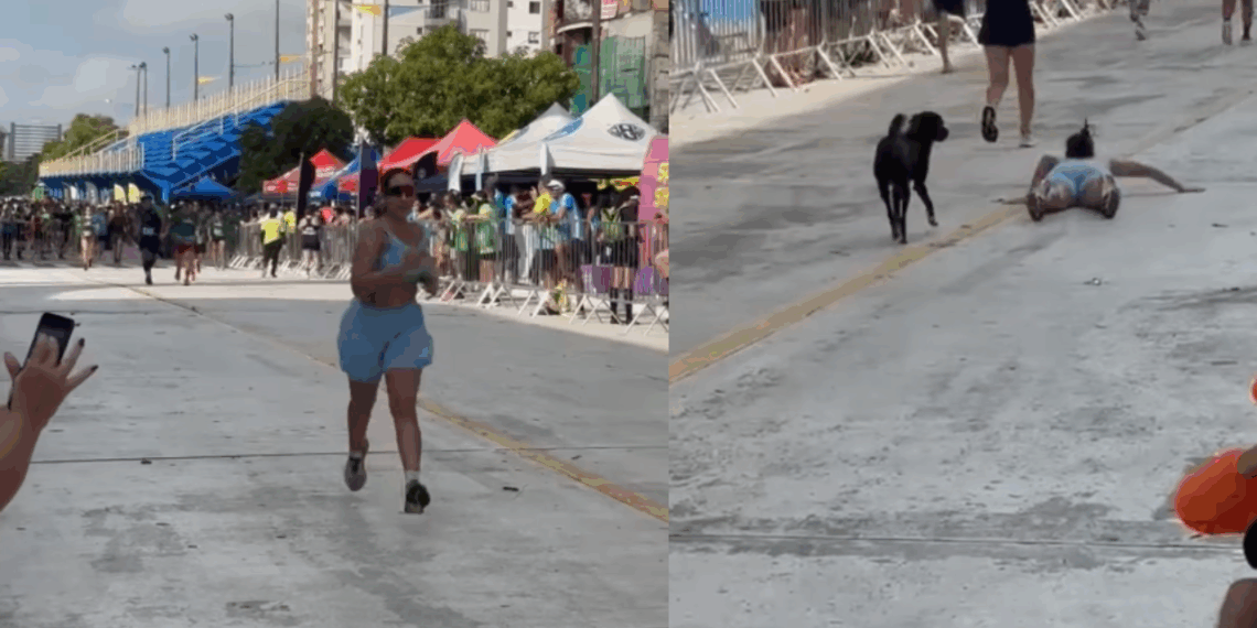 "Porr@, bicho": médica é derrubada por vira-lata na linha de chegada e reage em vídeo viral