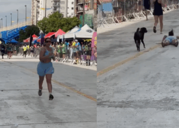 "Porr@, bicho": médica é derrubada por vira-lata na linha de chegada e reage em vídeo viral