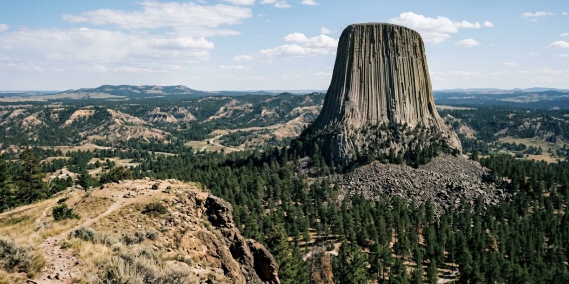 Devils Tower revela colunas formadas pelo resfriamento do magma