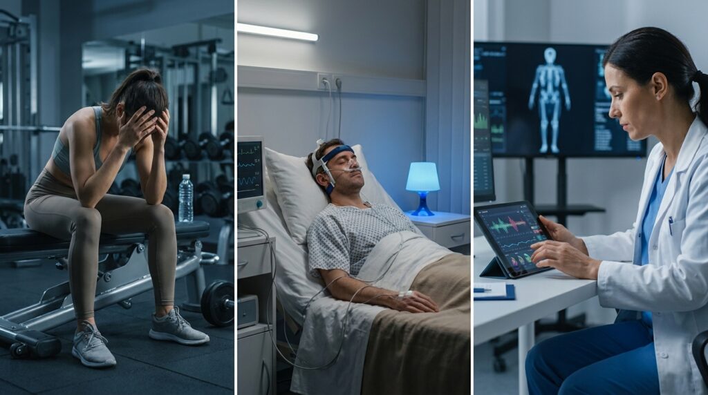Tríptico em três etapas mostrando exame de densitometria corporal, alimentação rica em proteínas e exercício de musculação