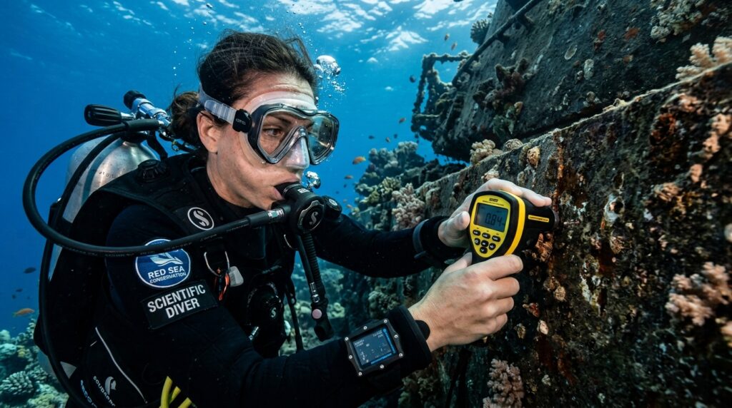 Mergulhador técnico utilizando equipamento de medição próximo à blindagem de tanque submerso no mar