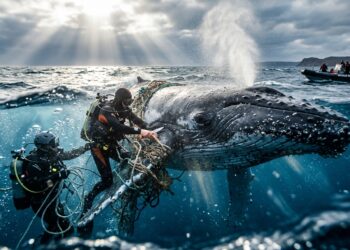 Baleia-jubarte presa em redes é libertada e não vai embora do barco