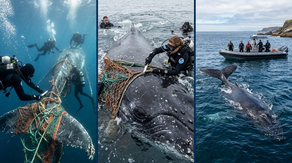 Baleia-jubarte presa em redes é libertada e não vai embora do barco