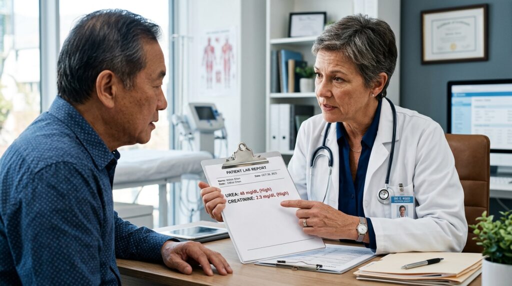 Médico especialista analisando relatório de exames laboratoriais com paciente durante consulta em consultório clínico
